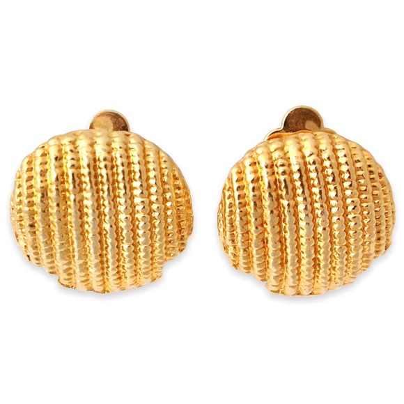Vintage Gold Plated Button Clip On Earrings Textured Chunky Large Round - Picture 1 of 4